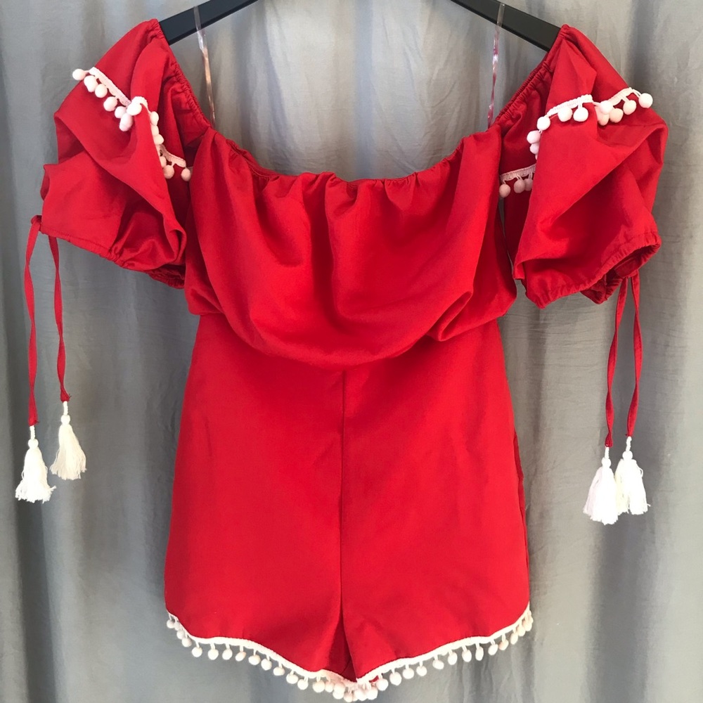 Off the shoulder, puffy sleeve romper!